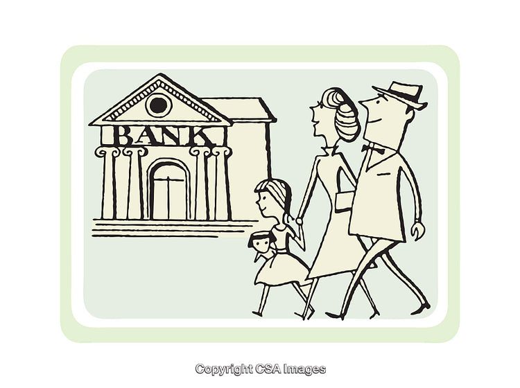 Family Visiting a Bank Building in Retro Illustration Style