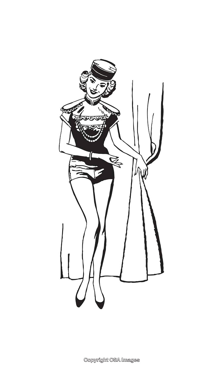 Vintage Illustration of a Circus Performer in Black and White Line Art Drawing