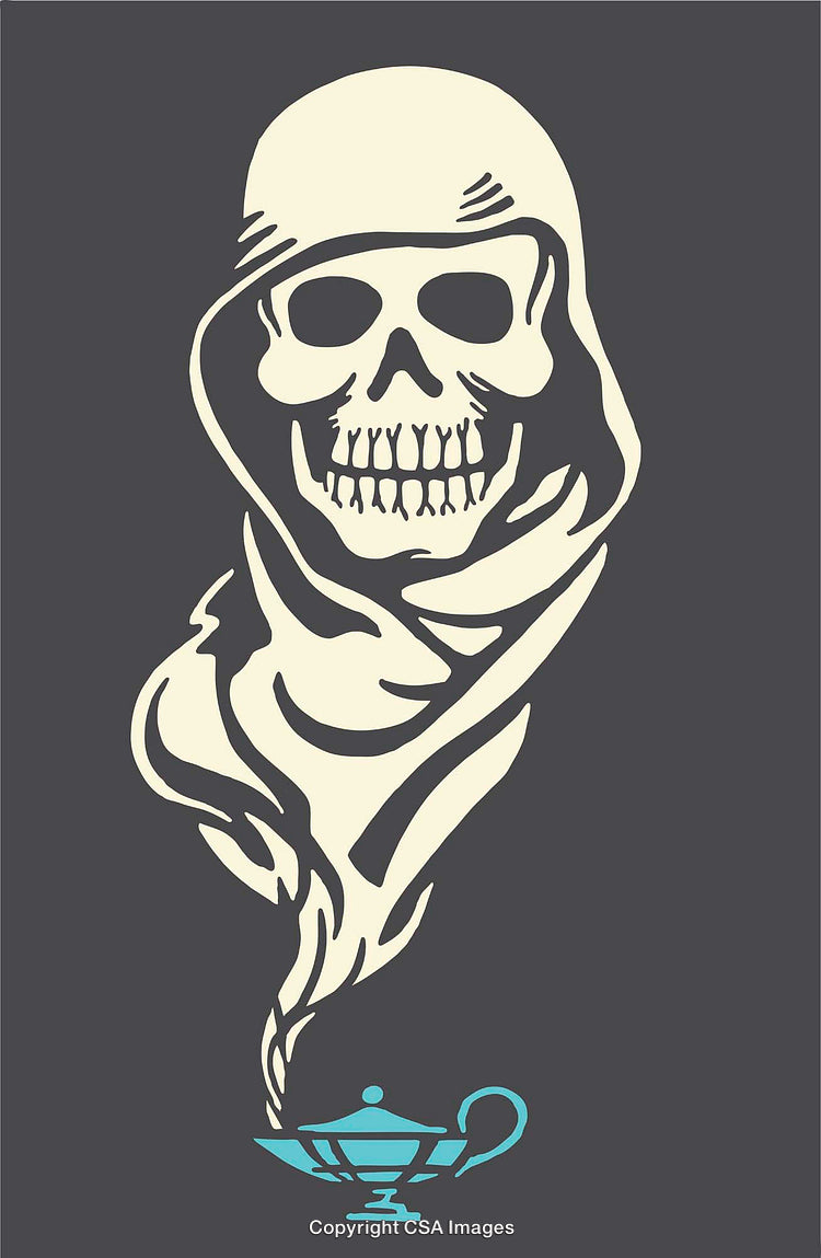 Illustration of a Skeleton Emerging from a Magical Lamp in Abstract Style