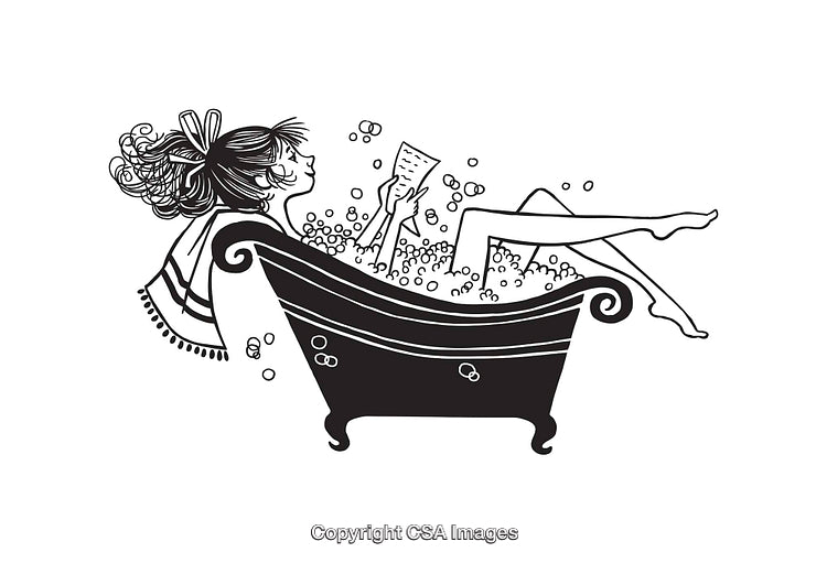 Black and White Line Art of Woman Relaxing in Bathtub with Bubbles