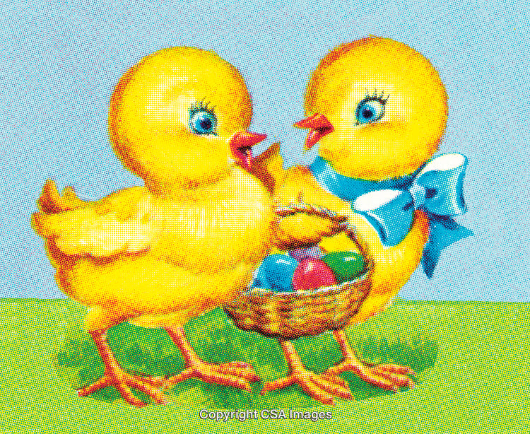 Two Cartoon Chicks Sharing a Basket of Colored Easter Eggs Outdoors