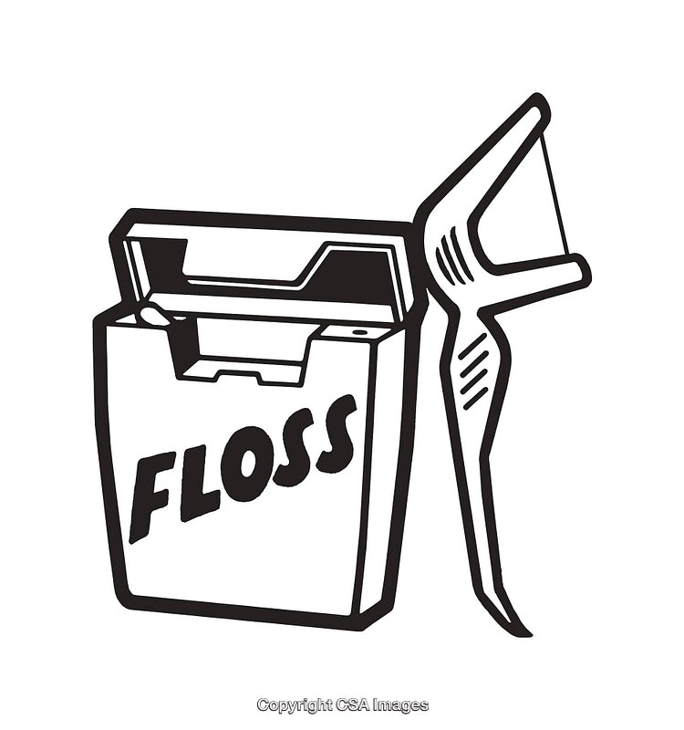 Black and White Line Art of Dental Floss and Flosser