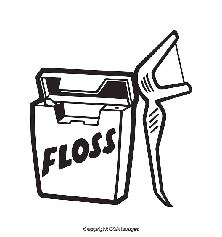 Black and White Line Art of Dental Floss and Flosser