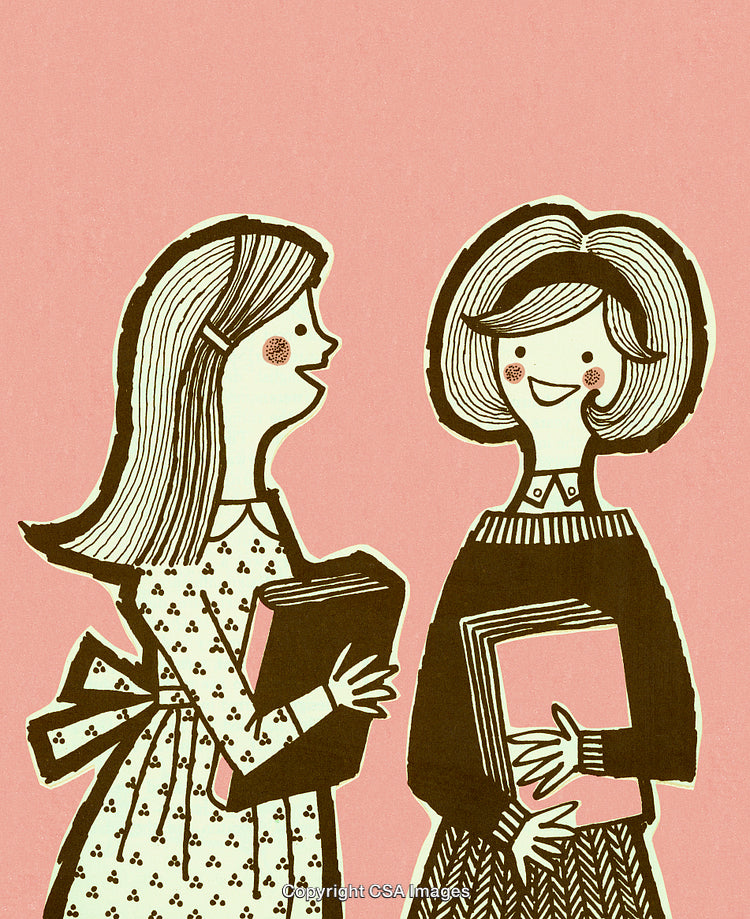 Vintage Style Illustration of Two Smiling Girls Holding Books Together