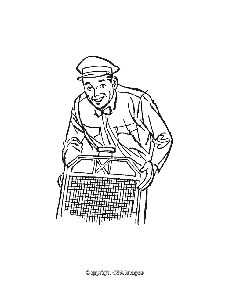 Vintage Line Art Illustration of a Friendly Worker in Uniform