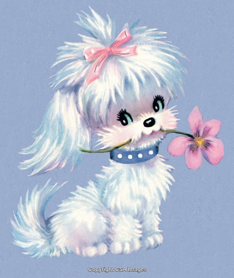 Lovely Fluffy White Dog Illustration Holding a Flower With Cute Pink Bow