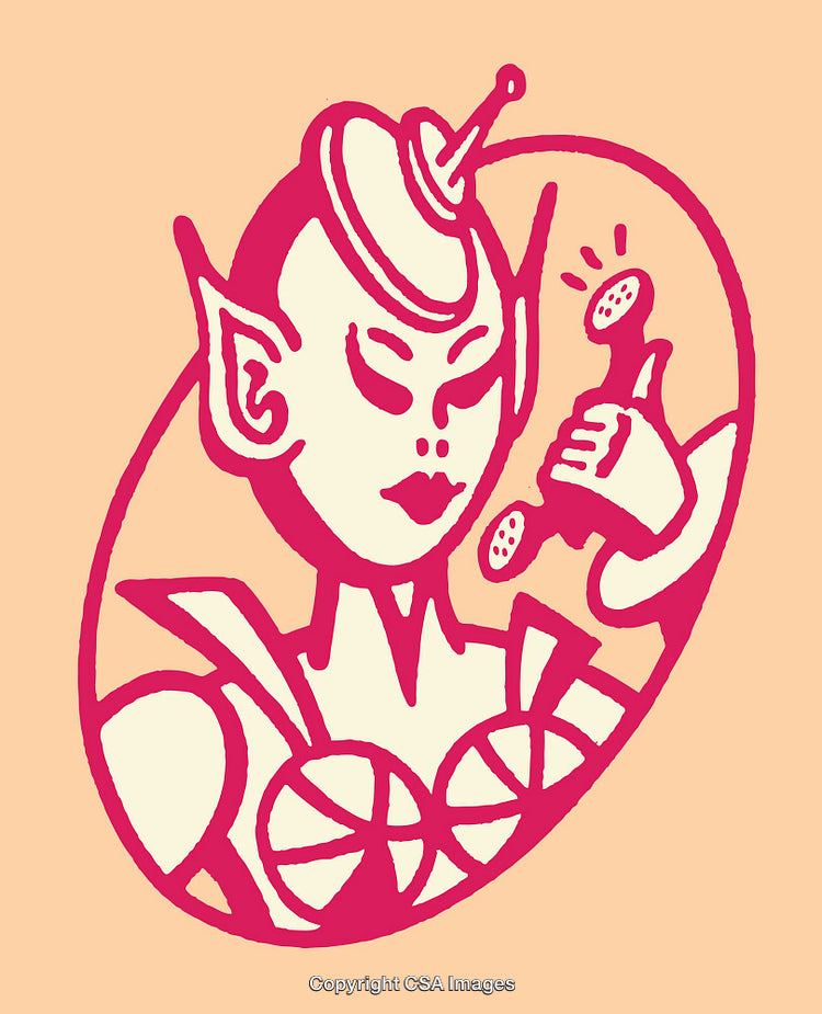 Colorful Illustration of a Retro Futuristic Alien Using a Telephone