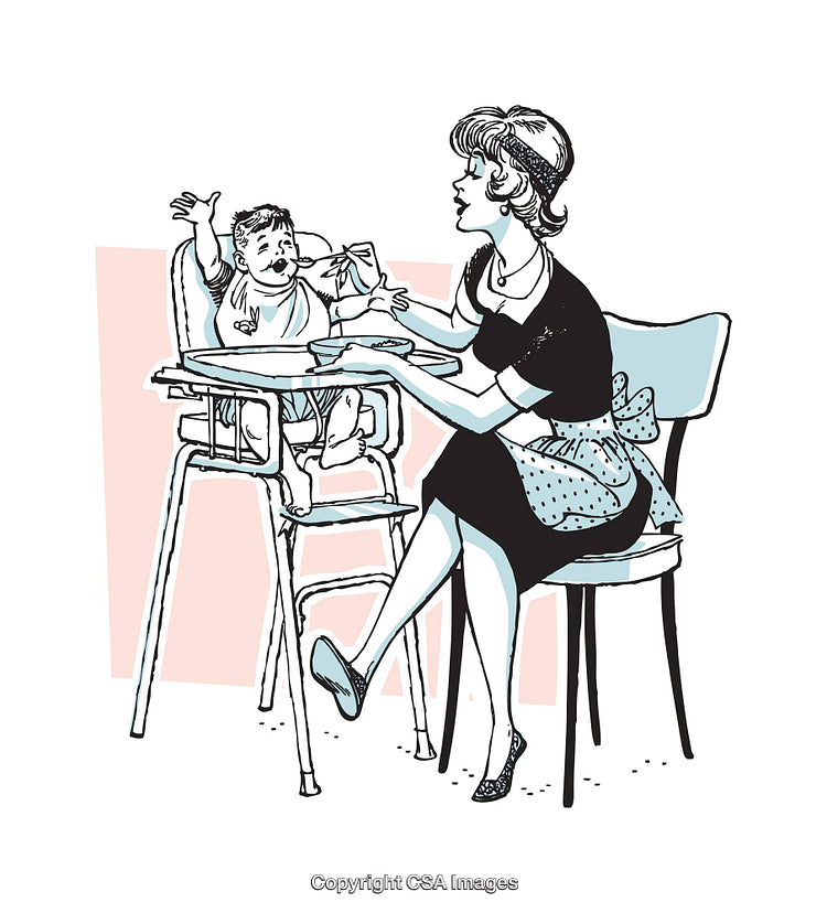 Playful Feeding Scene Between Mother and Child in High Chair Illustration