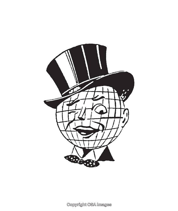 Vintage Illustration of a World Globe Person with Hat and Bow Tie