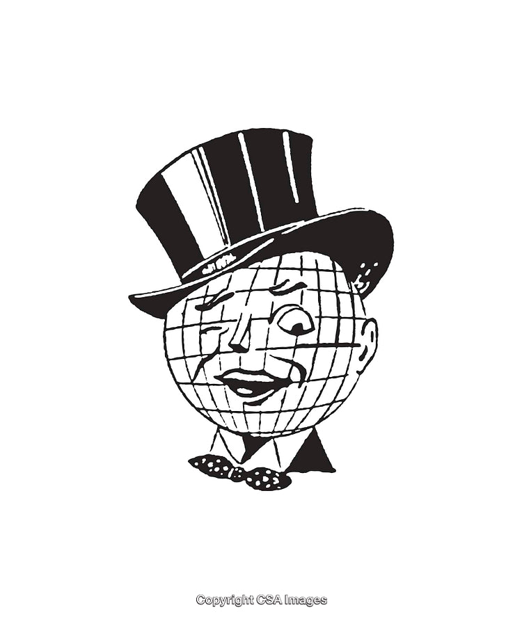 Vintage Illustration of a World Globe Person with Hat and Bow Tie