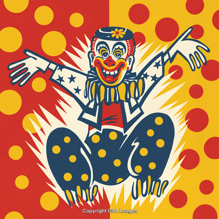Colorful Retro Clown Illustration with Vibrant Red and Yellow Background