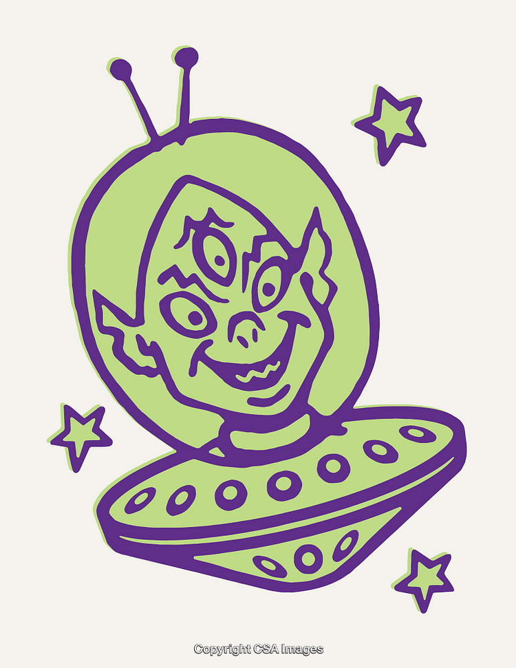 Colorful Line Art Illustration of Alien Creature in UFO with Stars