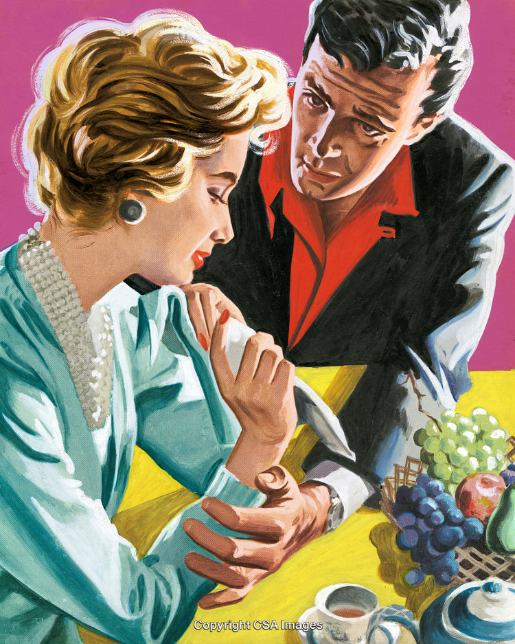 Retro Illustration of a Couple Sharing an Emotional Moment at the Table