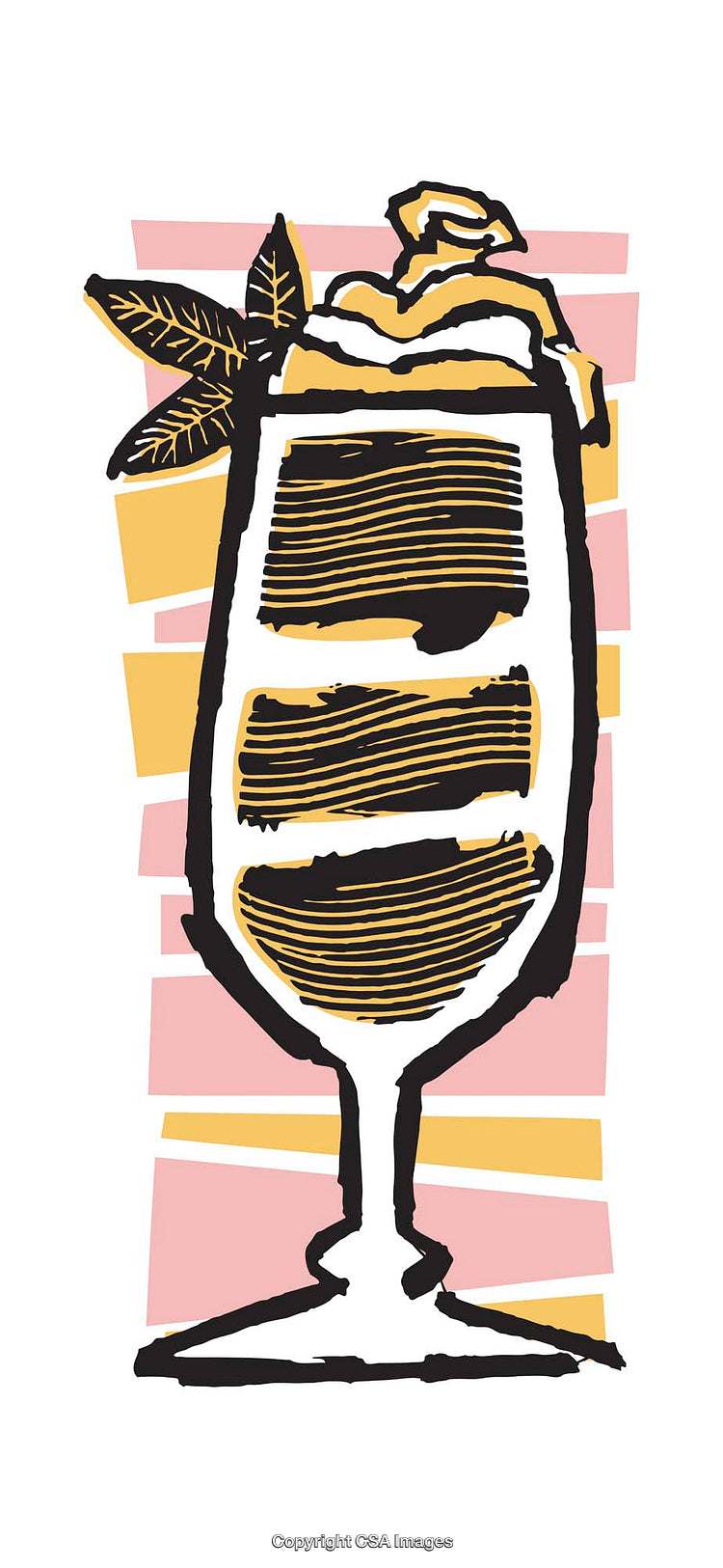 Illustrated Dessert Glass Featuring Leaves and Stylized Layers in Artistic Colors