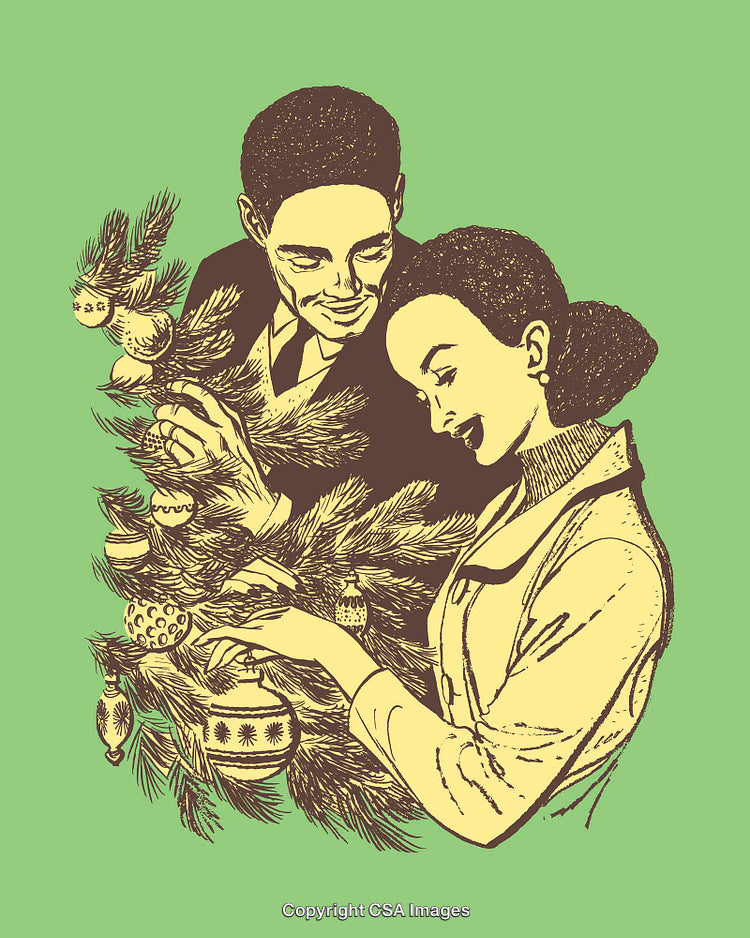 Couple Decorating Christmas Tree with Festive Ornaments in Color Line Art