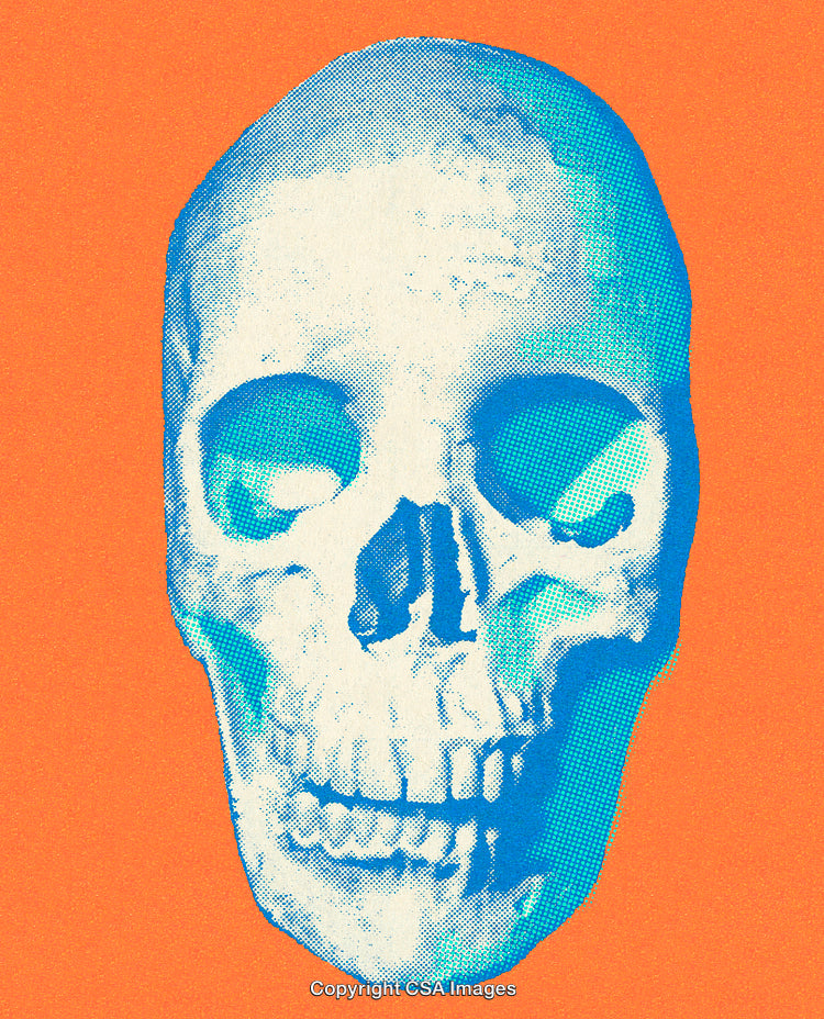 Vivid Graphic Artwork Depicting a Blue Skull on an Orange Background