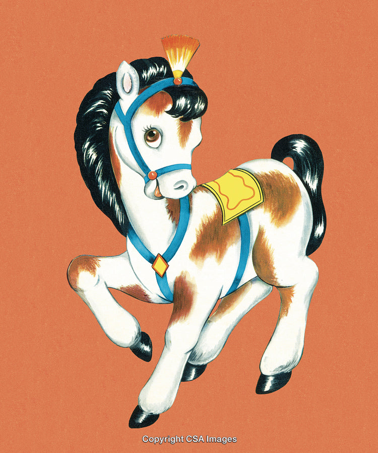 Whimsical Illustration of a Playful Pony With Saddle and Colorful Harness