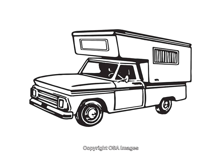 Black and White Line Art of a Camper Van Illustration