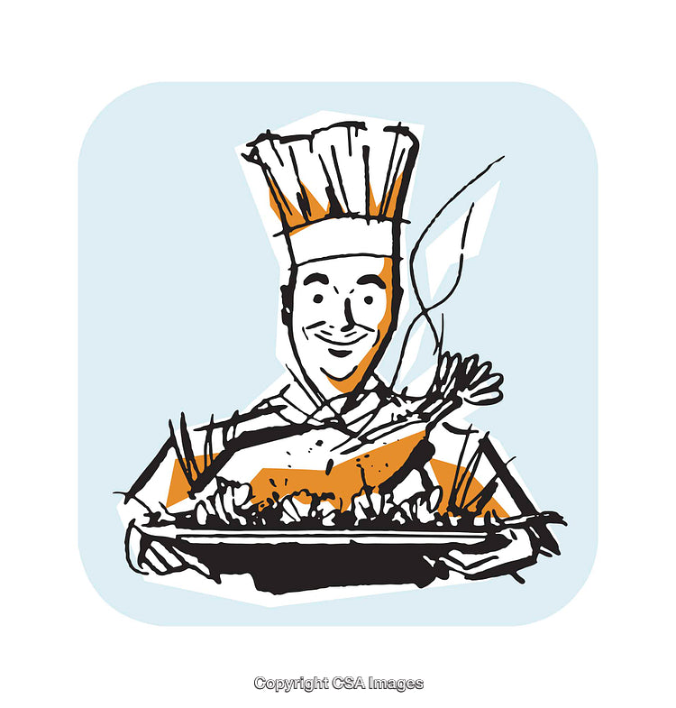 Cartoon Chef Presenting a Tray of Prepared Delicious Food