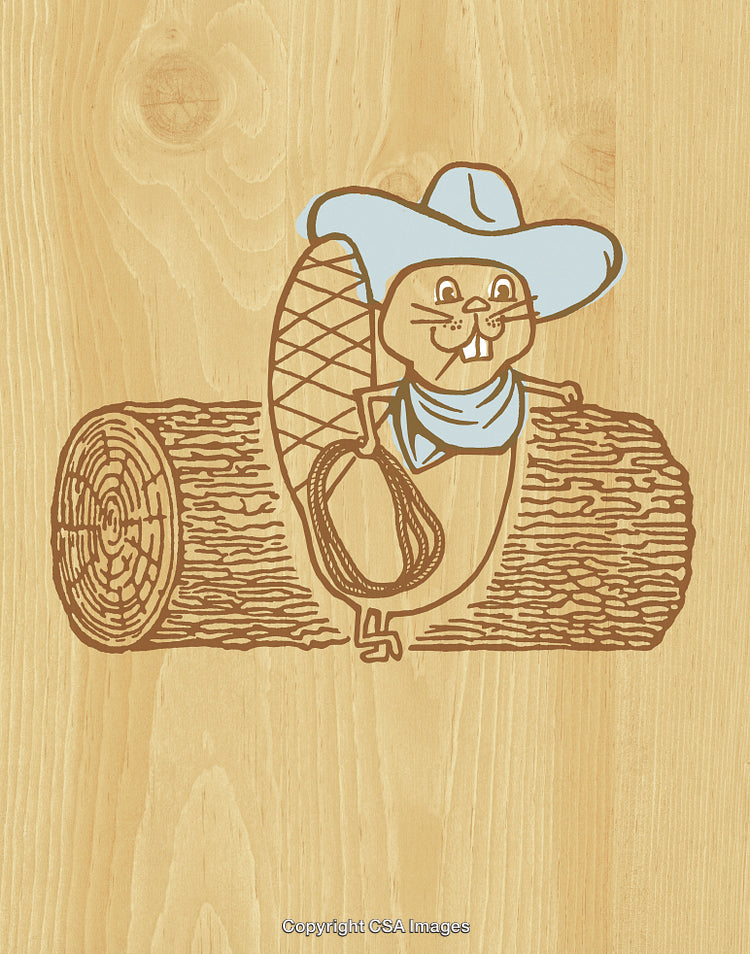 Cartoon Beaver in Cowboy Hat Sitting on Wood Logs with Rustic Charm