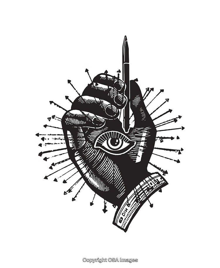 Black and White Line Art Illustration of a Hand Holding a Pen
