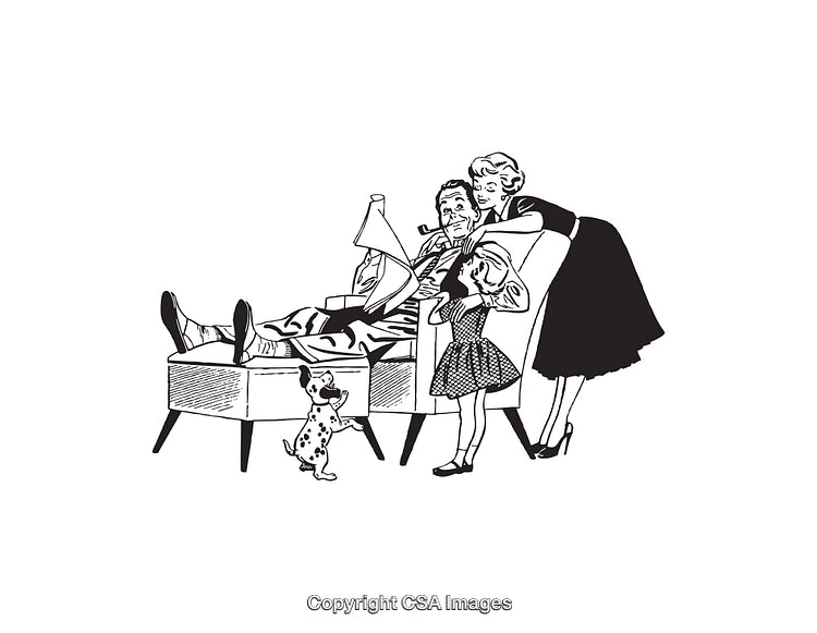 Retro Family Scene in Black and White Line Art Illustration