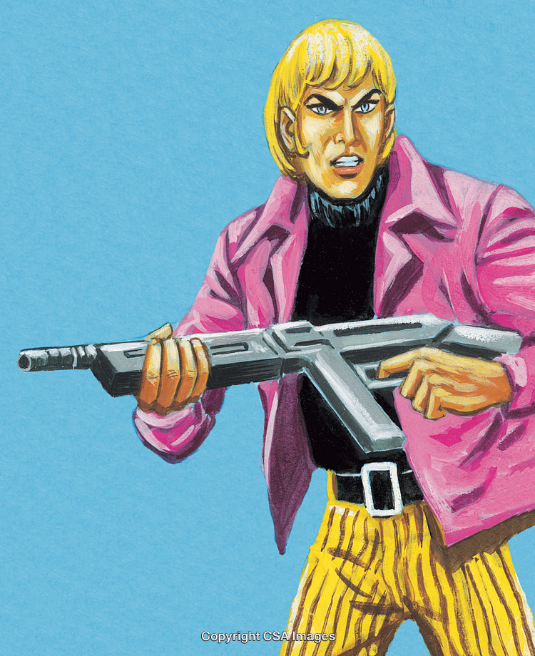 Retro Art of a Figure Holding a Rifle in Vibrant Clothing