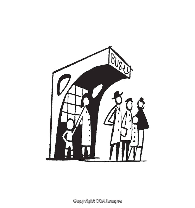 Black and White Line Art Illustration of People at a Bus Stop