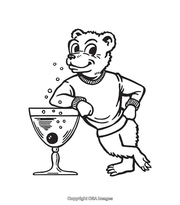 Black and White Line Art of Bear with Beverage Glass