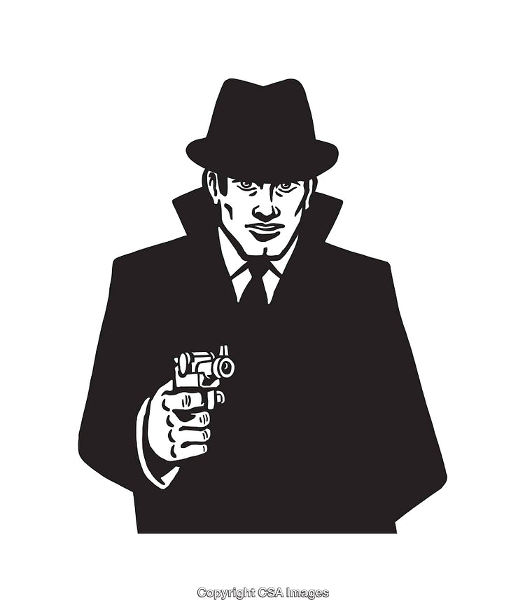 Black And White Line Art Mystery Detective In Trench Coat