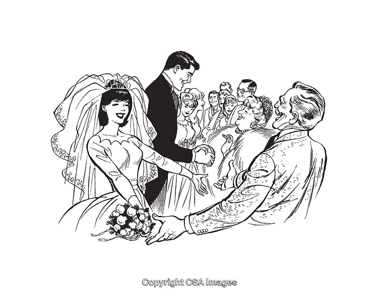 Vintage Line Art of a Wedding Ceremony with Bride and Groom Greeting Guests