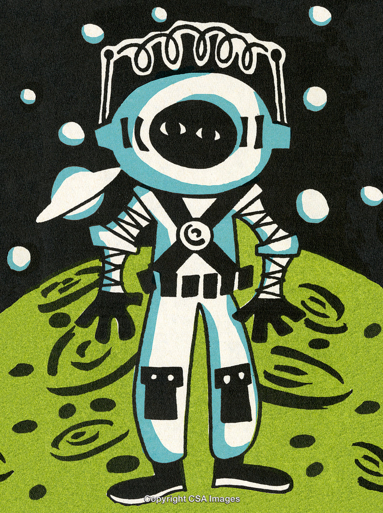 Colorful Illustration of an Astronaut Standing on an Alien Planet with Background Stars