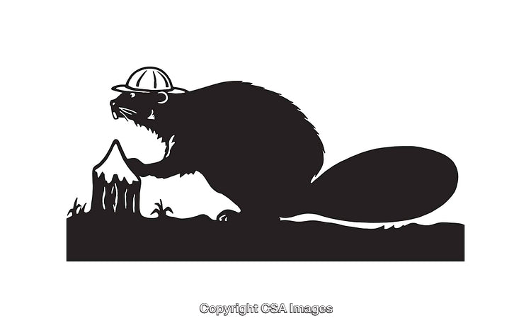 Black and White Line Art of a Beaver With a Construction Helmet