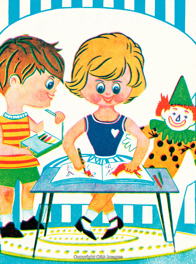 Children Coloring Together in a Brightly Illustrated Creative Scene