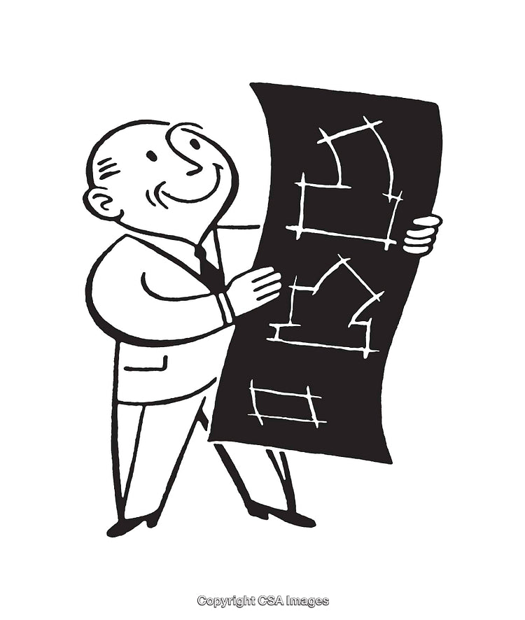 Retro Style Line Art Showing an Architect Holding a Blueprint