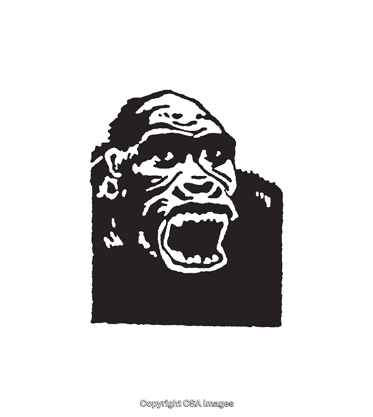 Bold Black and White Line Art Illustration of a Roaring Primate