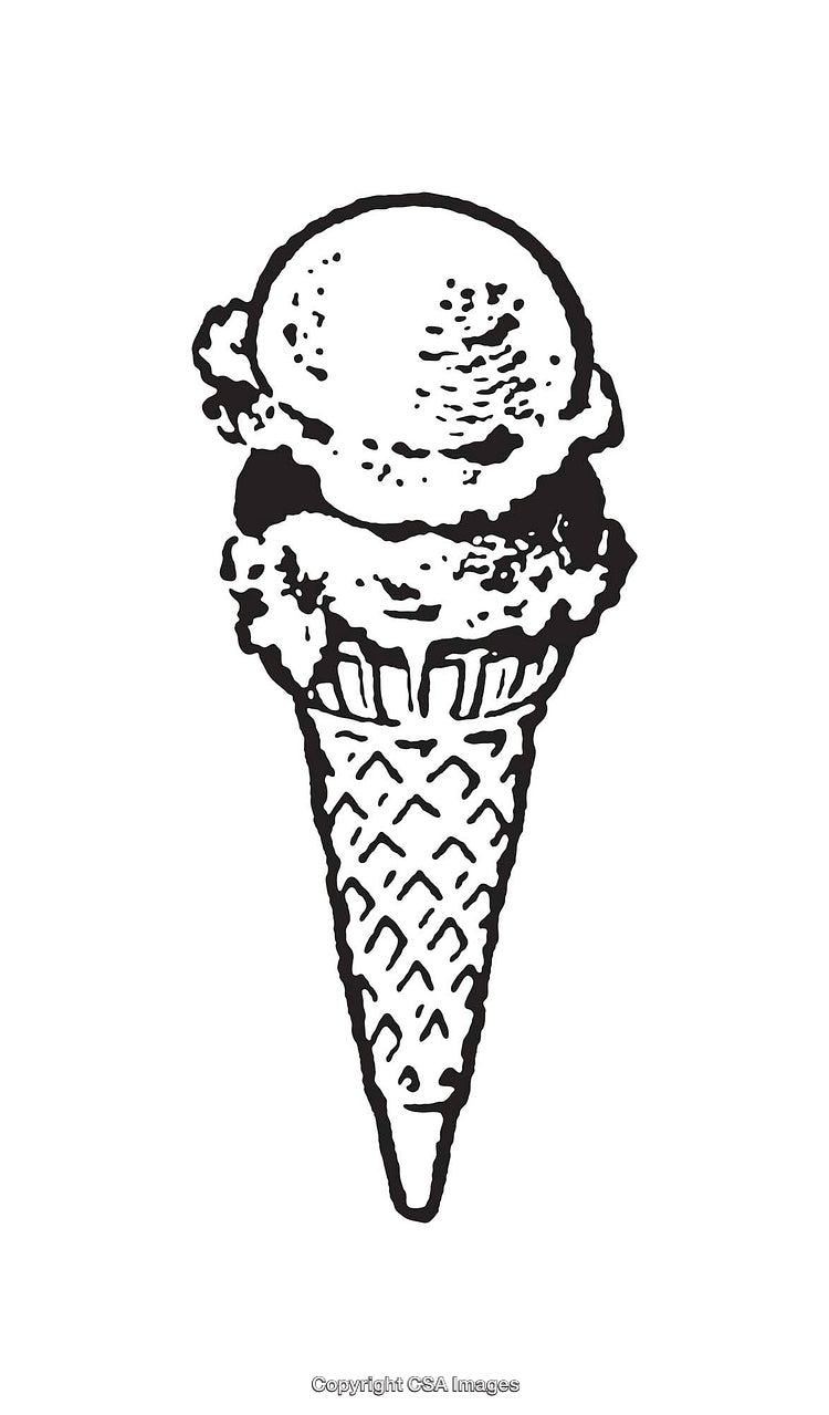 Black And White Line Drawing of Ice Cream Cone with Two Scoops