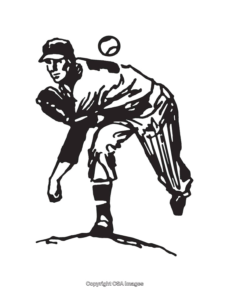 Black And White Illustration of a Baseball Pitcher in Action