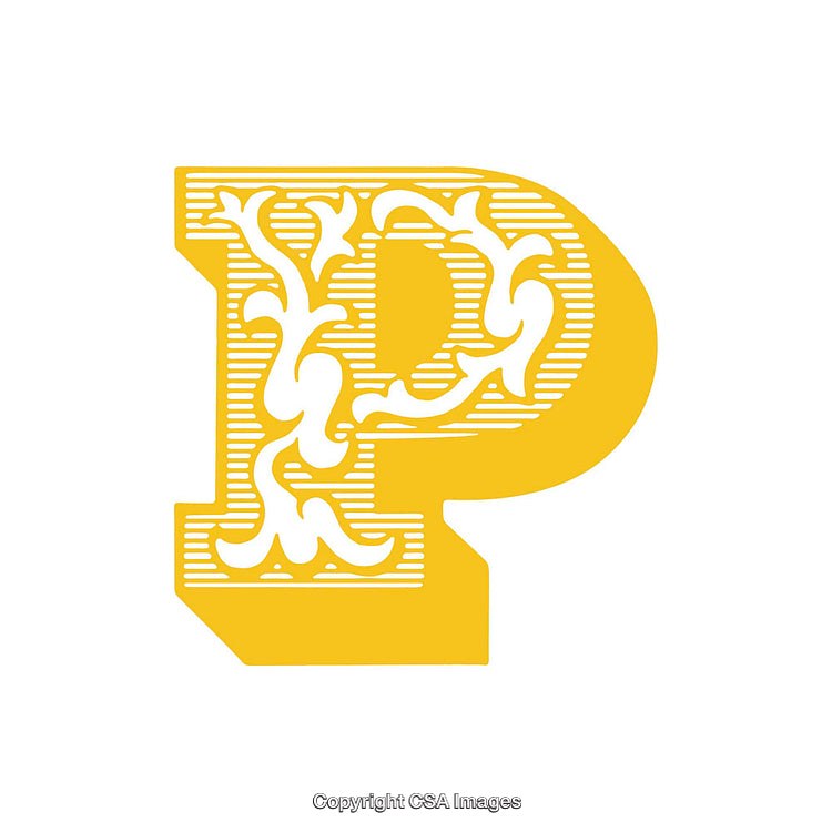 Decorative Yellow Letter P with Ornamental Design on White Background