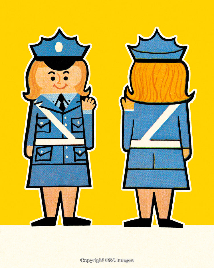 Cartoon Illustration of Female Police Officer in Uniform with Front and Back Views