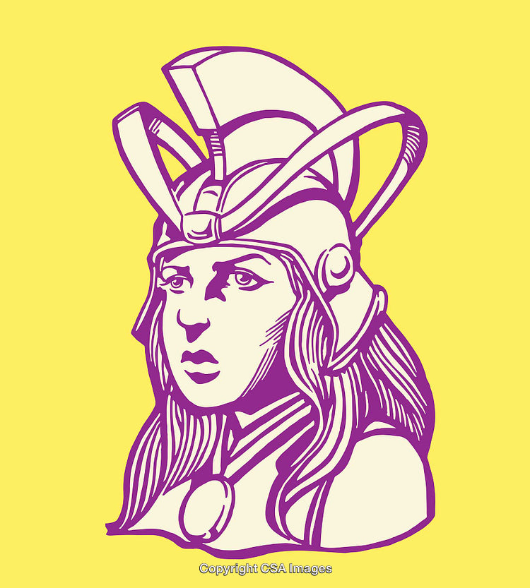 Colorful Line Art of a Helmeted Warrior Woman on Bright Background
