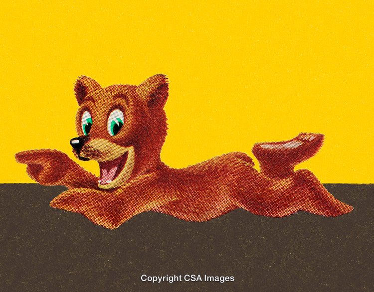 Cartoon Bear Smiling and Pointing with Colorful Yellow Background