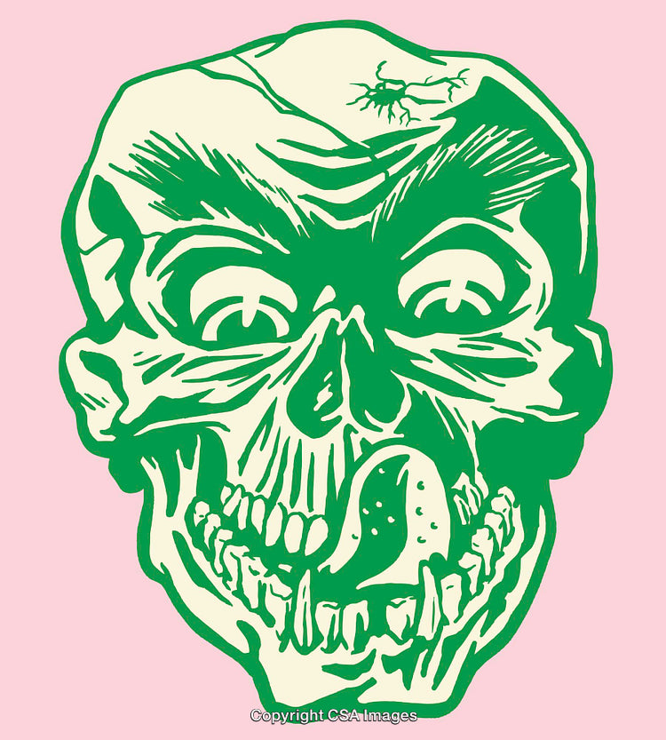 Stylized Skull Illustration with Green and Pink Contrast Color Scheme