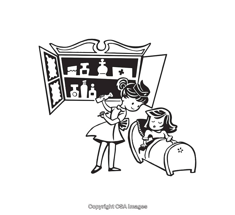 Vintage Black and White Illustration of Mother Caring for Sleeping Child