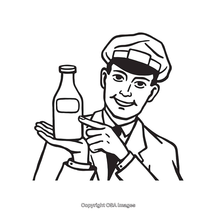 Vintage Milkman Holding Milk Bottle in Black and White Illustration