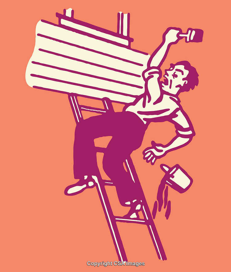 Retro Illustration of a Painter on Ladder Spilling Paint in Action
