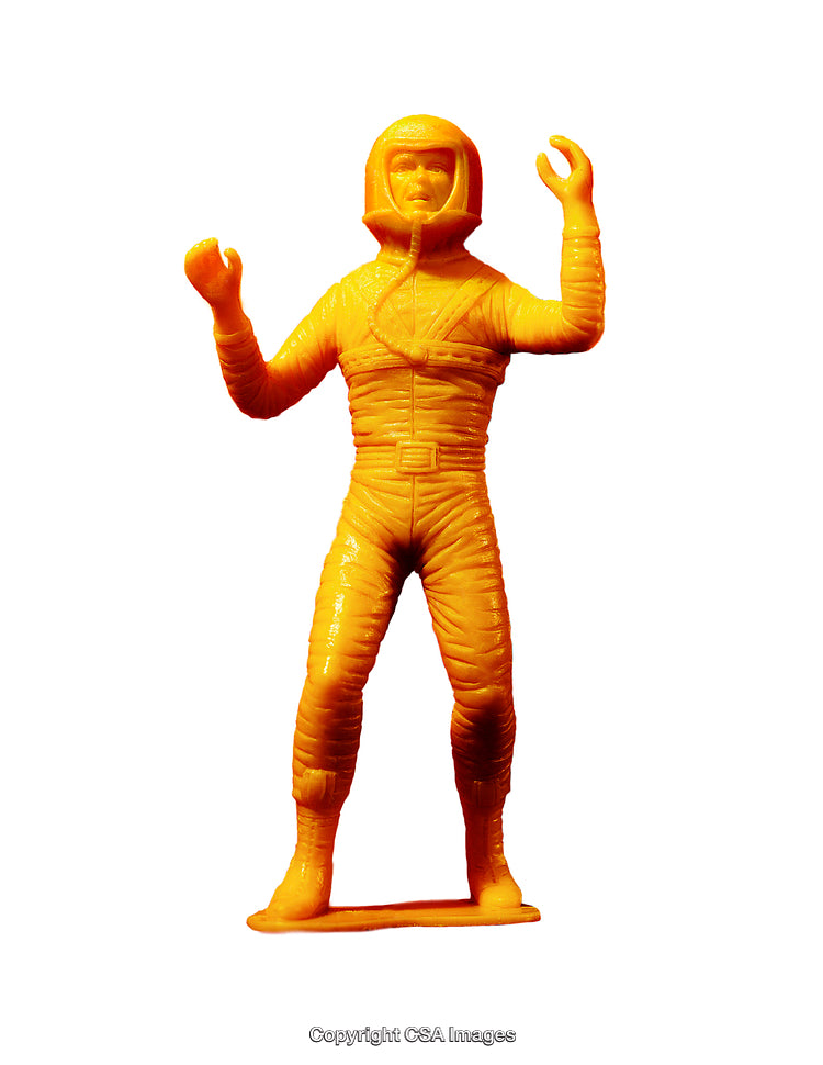 Orange Plastic Space-Themed Figure in Dramatic Pose on White Background