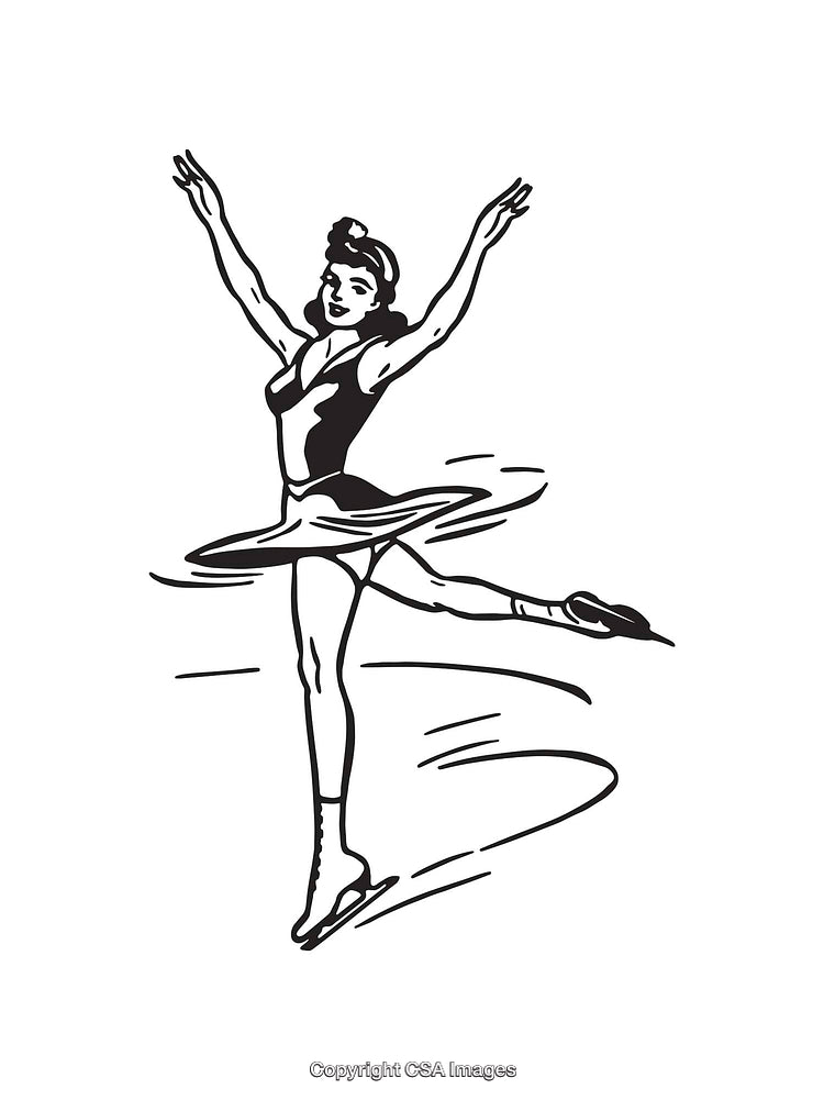 Elegant Figure Skater Performing Graceful Spin in Black and White Line Art