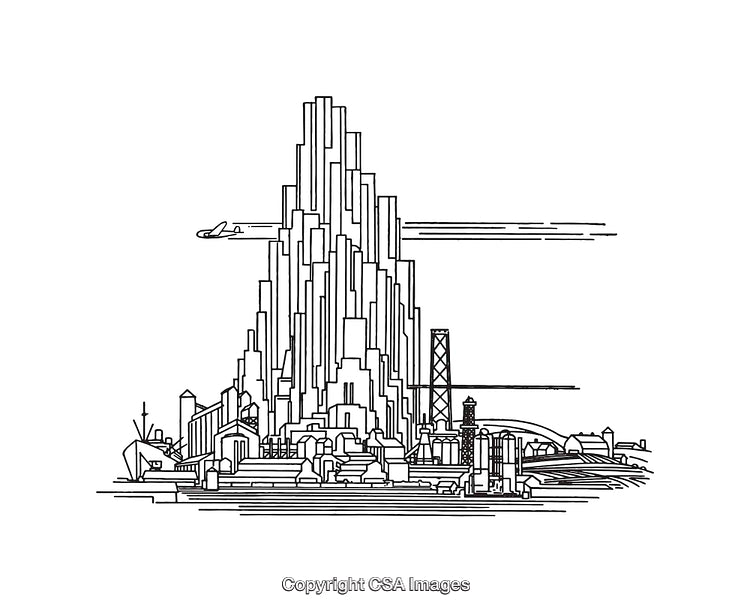 Stylized Line Art Illustration of Mountain Surrounded by Structures and Airplane