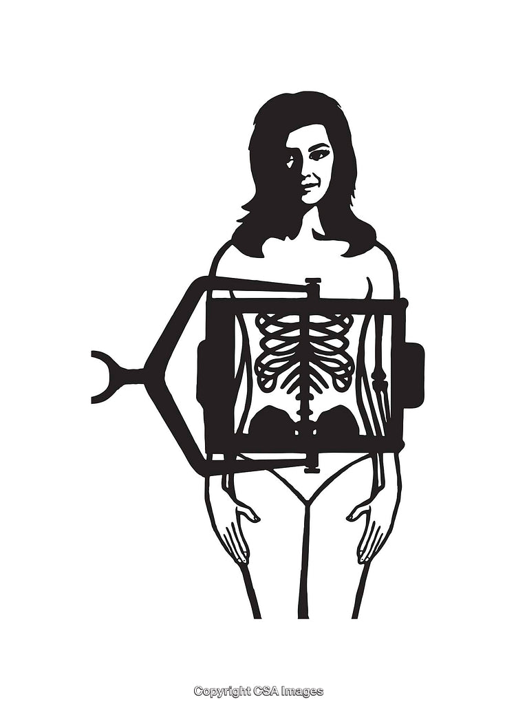 Black and White Line Art Illustration of Human Anatomy and X-Ray View